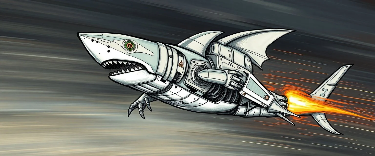 blind contour robot shark bat like space ship fighter jet massage master guru fast moving motion blur background