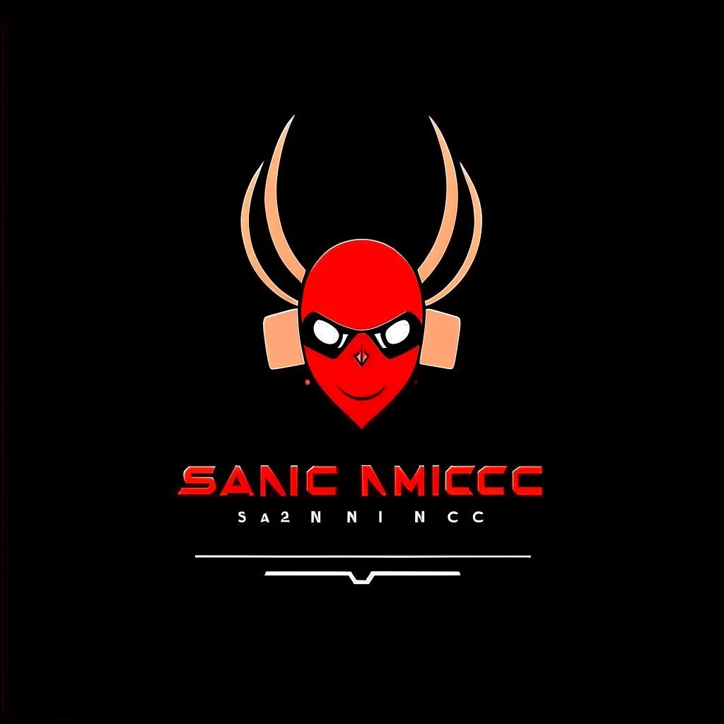 minimalist logo for rock band orange text "SARDONIC HARMONY" in a futuristic robotic font, sinister evil marshmallow head with headphones and red flames, dark negative space, stylish, WTF!