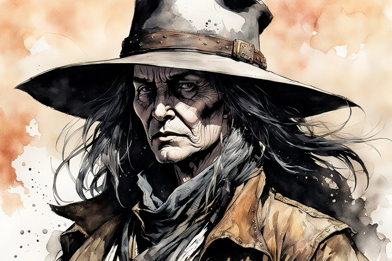 create an ink wash and watercolor, close up, full body portrait of an aged female, late 19th century Louisiana bounty hunter, Hunt: Showdown, La Luz Mala, in the comic book style of Warren Ellis ,Bill Sienkiewicz, and Jean-Giraud Moebius highly detailed hair and coarse, lined, rugged, weather worn feminine facial features, ragged, worn clothing, grainy, gritty textures, foreboding, dramatic volumetric lighting , vivid natural colors