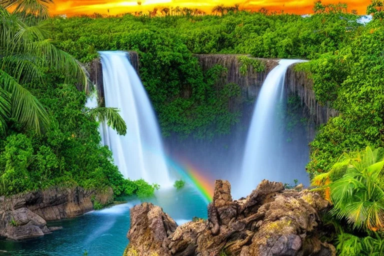 island waterfall palms twigs spring sunset rainbow bridge birds