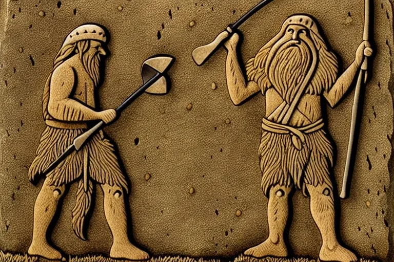 Purism, caveman holding a club, cave, cave bear, campfire, stone age, dawn, fine detail, high quality,