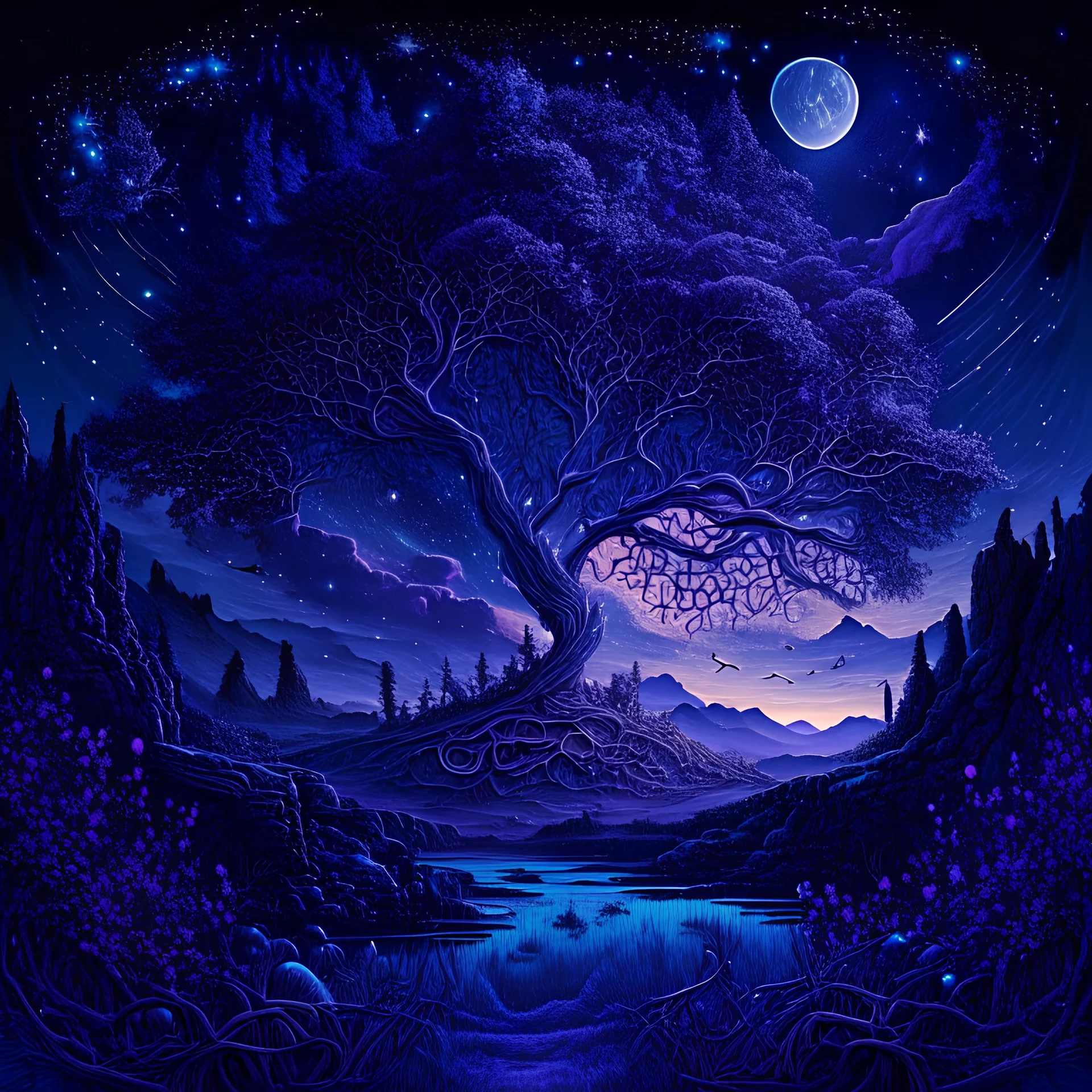 landscape, epic, intricate details, high detail, constellation, deep blue and purple