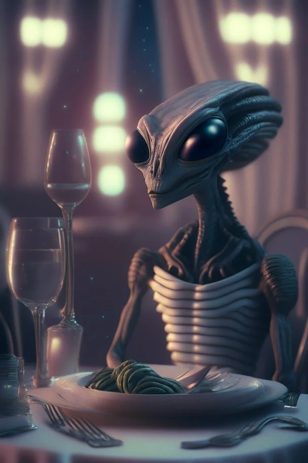 Alien at a fancy dinner , HD, octane render, 8k resolution