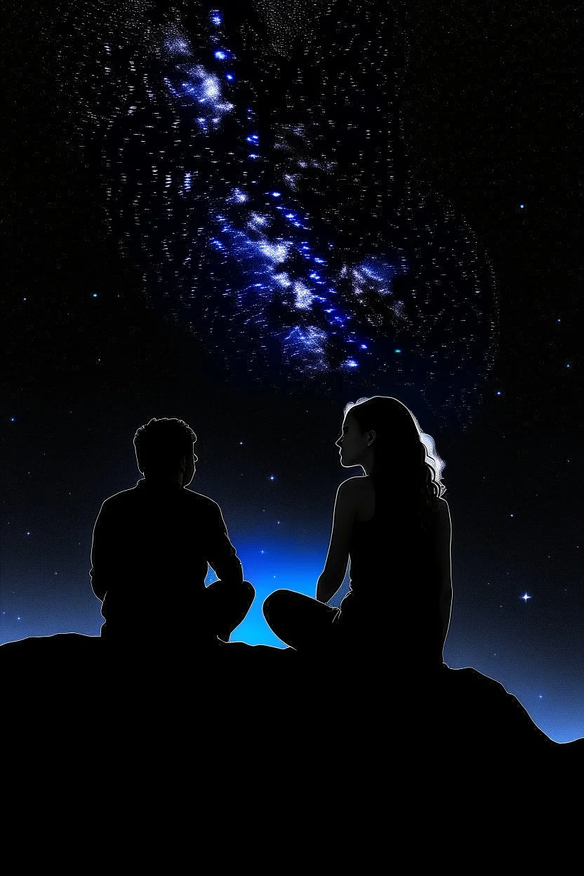 black background on a mountaintop with two silhouettes of a fit man and a silhouette of a fit woman sitting close to each other almost touching and looking at the stars