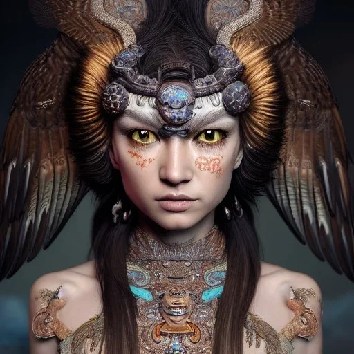 Insanely detailed photograph of an elaborate beautiful hawk goddess intricate glowing skin eyes intricate face hair lashes fur dress hyperdetailed painting by Anna Dittmann Huang Guangjian and Dan Witz CGSociety ZBrush Central fantasy art album cover art 4K 64 megapixels 8K resolution HDR Greek shiny space colours jewelry celestial hair eyes light"