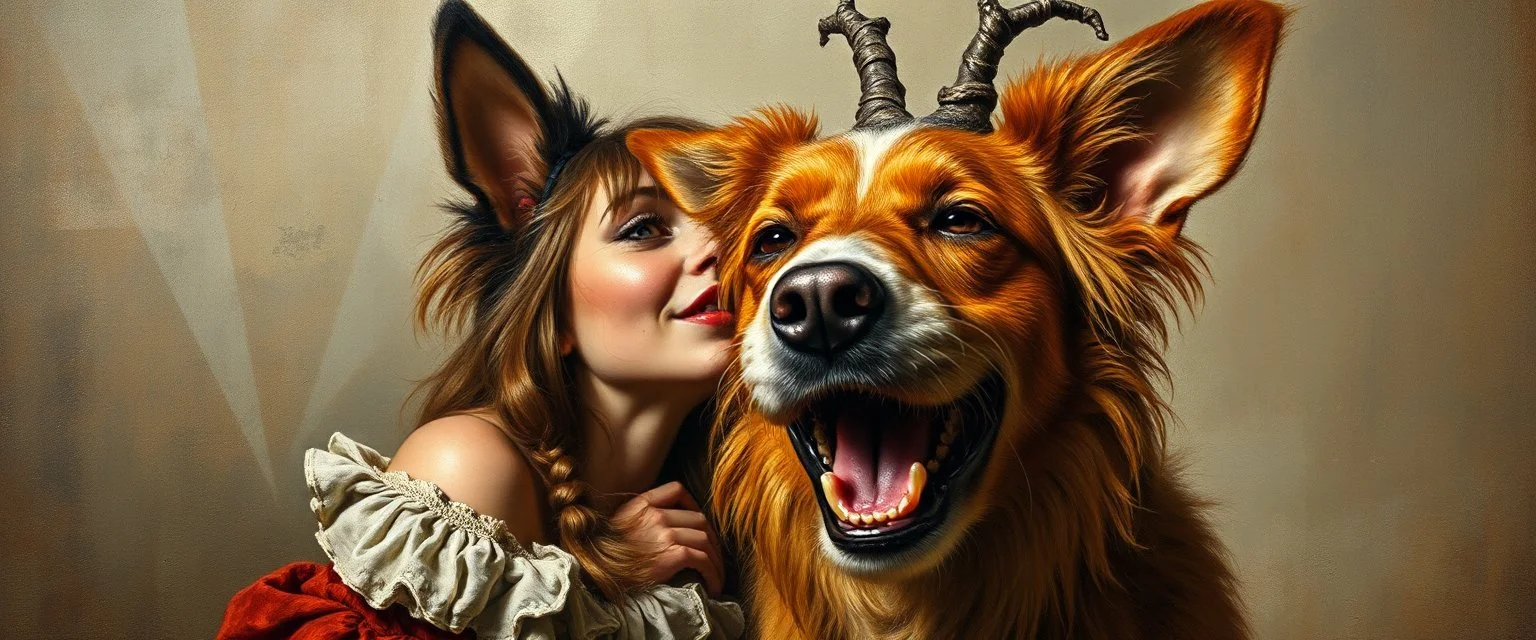 master oil painting by Rembrandt, good afternoon bitch scary hot seductive toothfairy, and her toothfairy dog