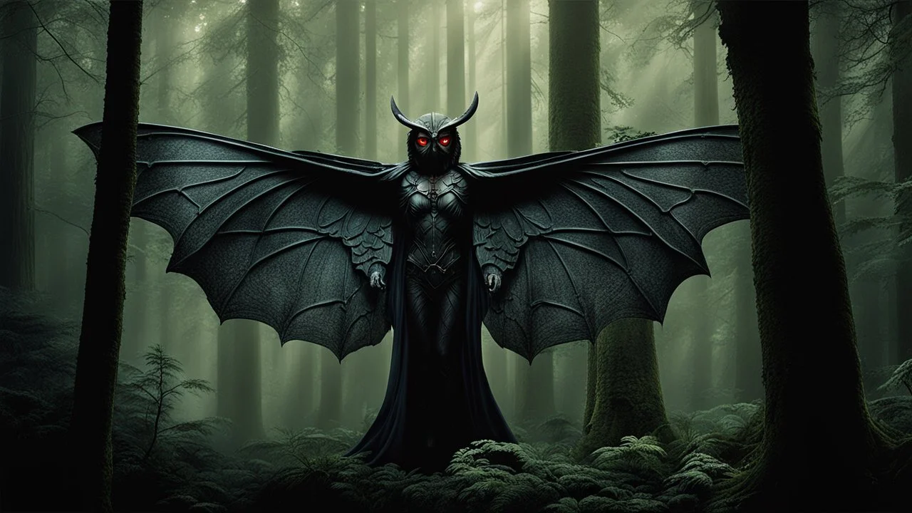 Mysterious Mothman, a prized customer in Tudors Biscuit World, ensnared in the heart of an age-old forest, enveloped in subdued daylight filtering through the dense canopy of towering trees, evanescence, early morning dew, cinematic, ultra fine, dramatic lighting, dark colors, high detalied, sharp focus, dar fantasy mood