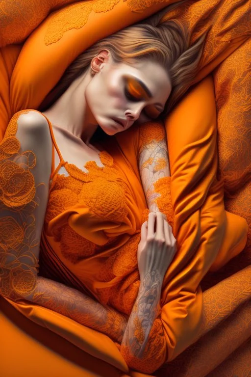 sleeping woman, orange and yellow tones, insanely detailed and intricate, hypermaximalist, elegant, ornate, hyper realistic, super detailed, by Pyke Koch