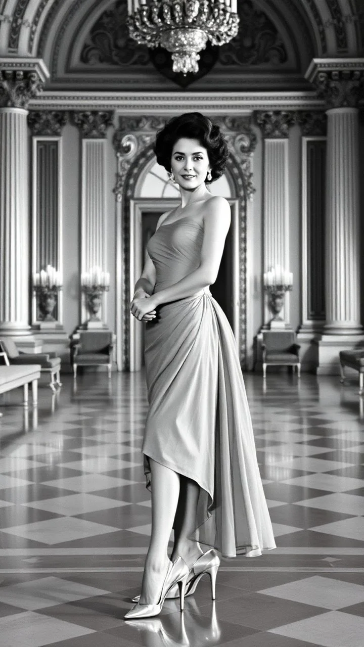 Elizabeth Taylor standing in a royal hall with very beautiful dress and high heels