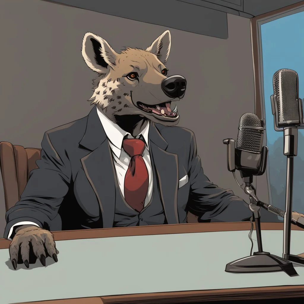 Hyena in a suit and tie, as an announcer sitting at the transmission table with a microphone presenting a newscast. Sandro Botticelli cómic style. Ultra quality