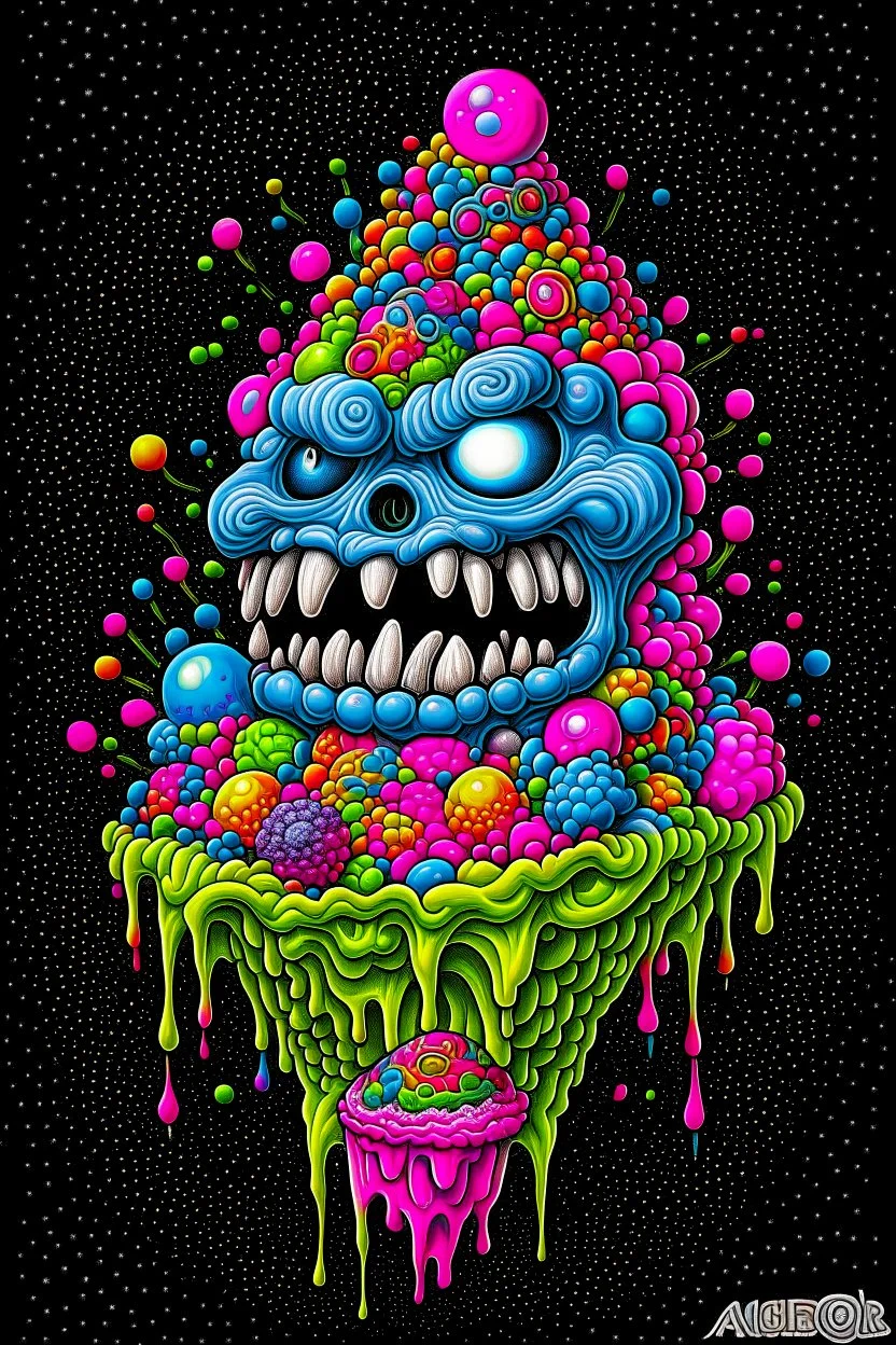 Monster made of ice cream, candy, gum drops, sprinkles tattoo design, traditional tattoo style, t-shirt design, fantasy art, digital painting, clean dark background, 8K by R. crumb, Todd Schorr, Robert Williams, Alex Alemany