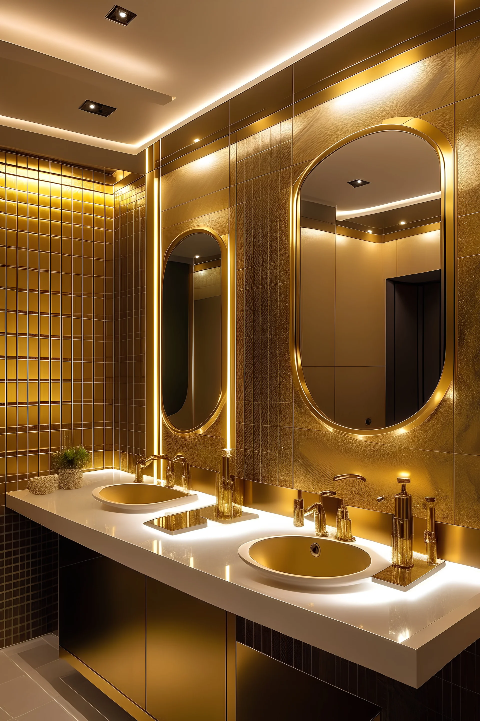 Women's bathroom, beautiful and tidy, with golden lighting