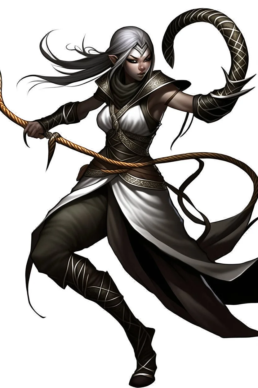 female gray skin Shadar-Kai wielding a Whip a whip made out of black thorns