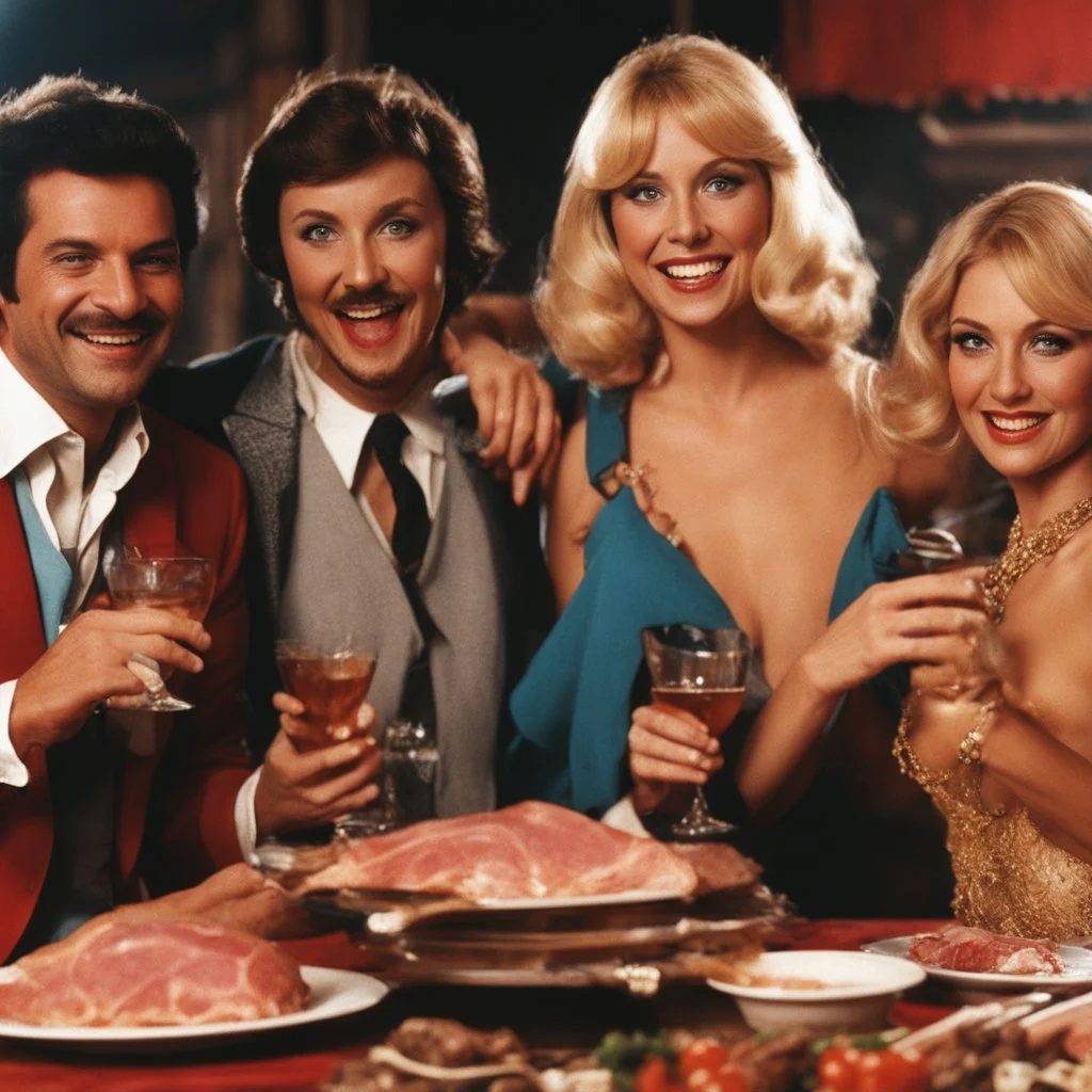 Comedy movie shot, happy, hot, ultra realistic, dine, horns, ultra realistic hot blonde women, party, pieces of meat, organs, ail, dynamic, very excited people, hypermaximalist figures, light, 1970's Italian comedy movie, lively, ornate, 4k, photorealism