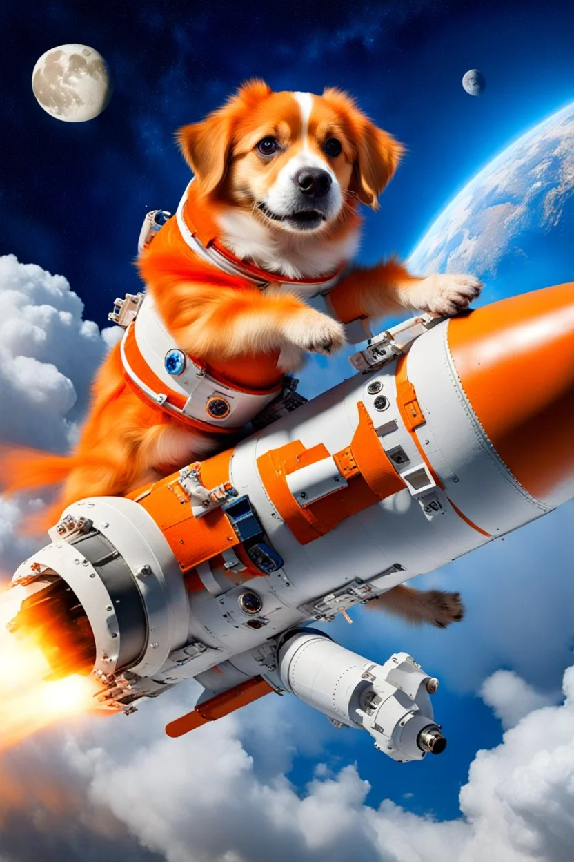 white and orange dog flies to the moon on top of the a rocket