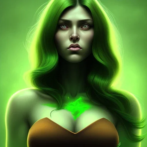 portrait, insanely detailed, heroïc fantasy setting, woman, dark-skinned, indian, black hair, more green hair, more green hair