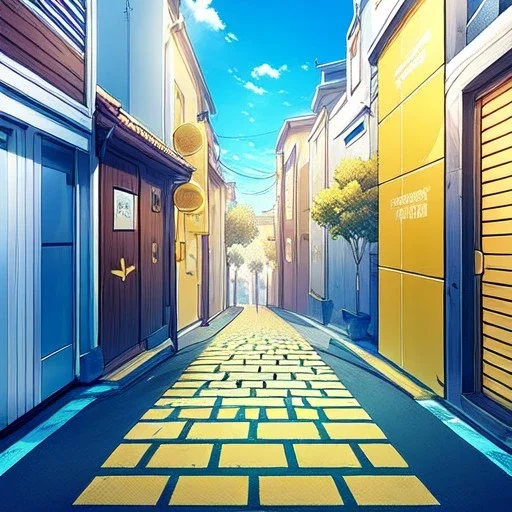 yellow brick road, road signs, arrows, direction, anime girl walking, detail on the girl