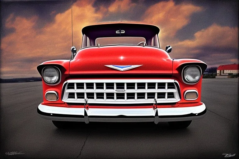 a true-to-life 1955 Chevrolet 3100, classic wheels, twin-color finishing, centered, intricate, extreme detailed, photorealism, center view, stylized random background, pivot on chevrolet, pen and color marker painting by cheryl kelley