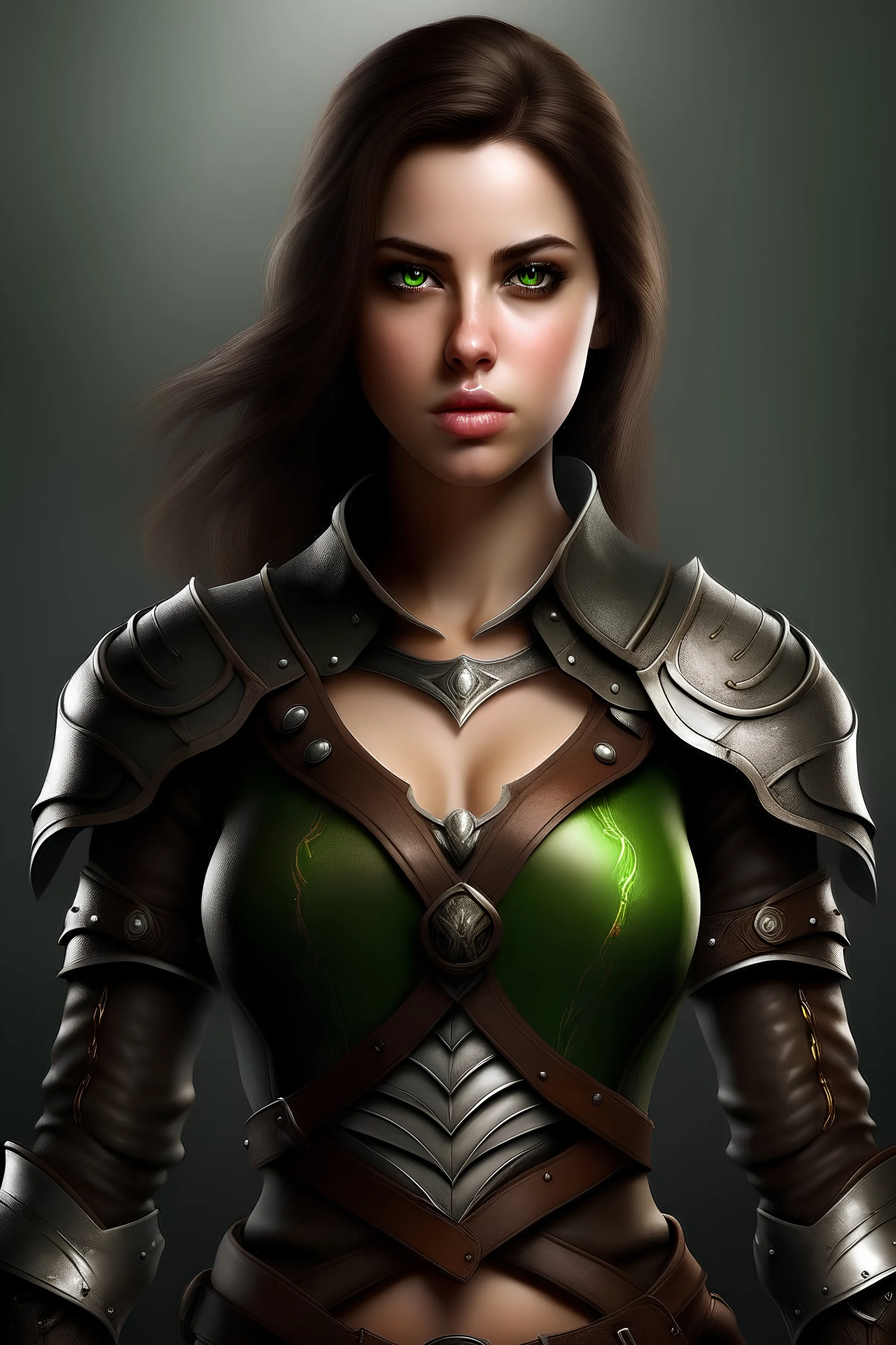A full-body photorealistic portrait of a sexy 25-year-old female rogue. She has a beatiful face, brown hair that is very long, and green eyes. She is standing. Ultra wide full-body shot focused on the face. Fantasy setting. She wears leather armor.