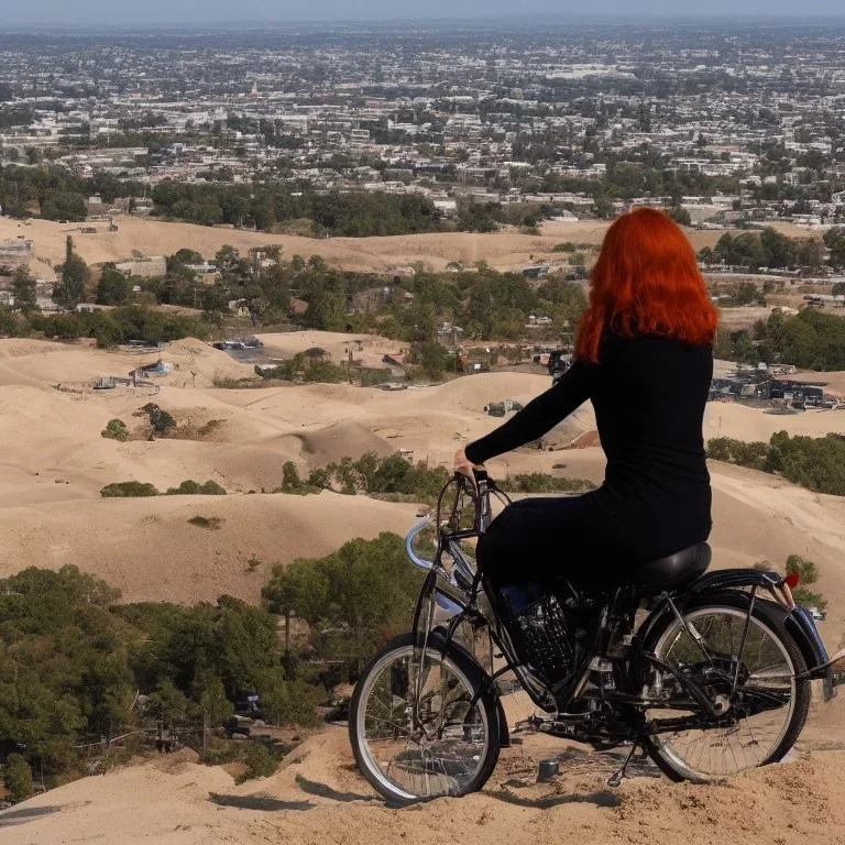 do topo de uma colina, uma jovem ruiva observa motocicletas indo em direção a uma grande cidade tecnológica em um terreno arenoso