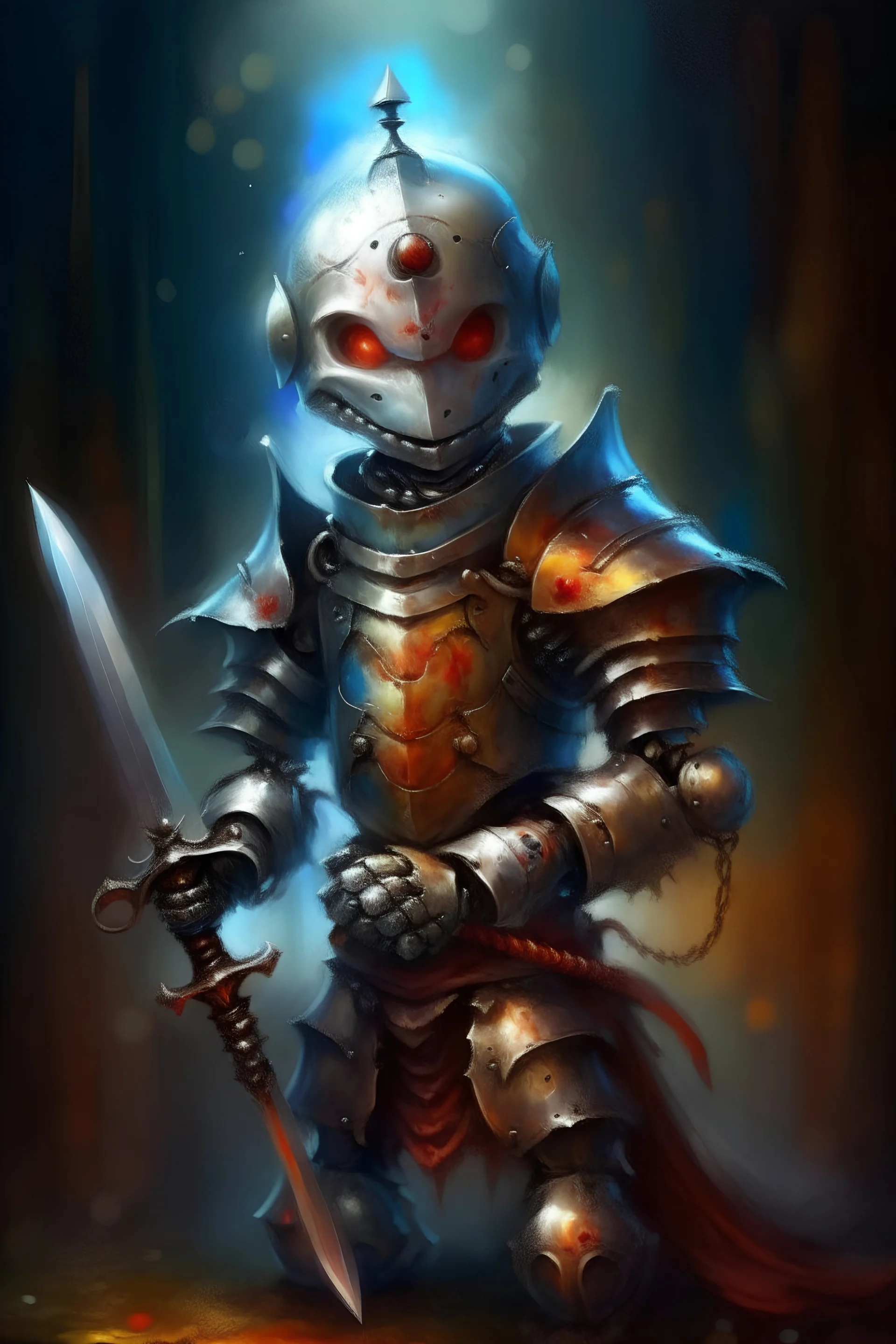 oil painting portrait of knightly smirking robot vampire holding magical dagger, bokeh , high detail, smooth render, prize winning