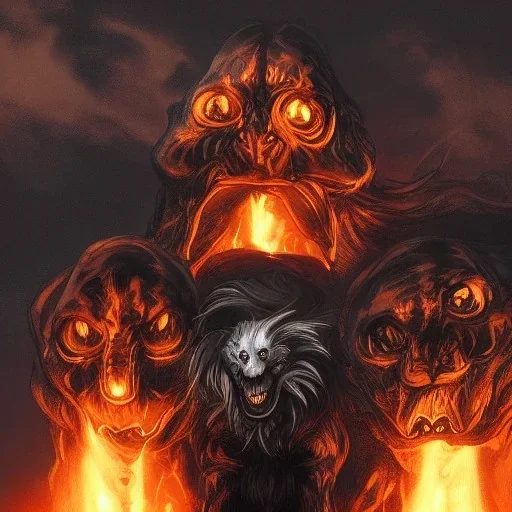 Cerberus, character-design, fire pouring from each mouth, full body, fiery dark skies in the underworld with Hades in the background, 8k, highly detail