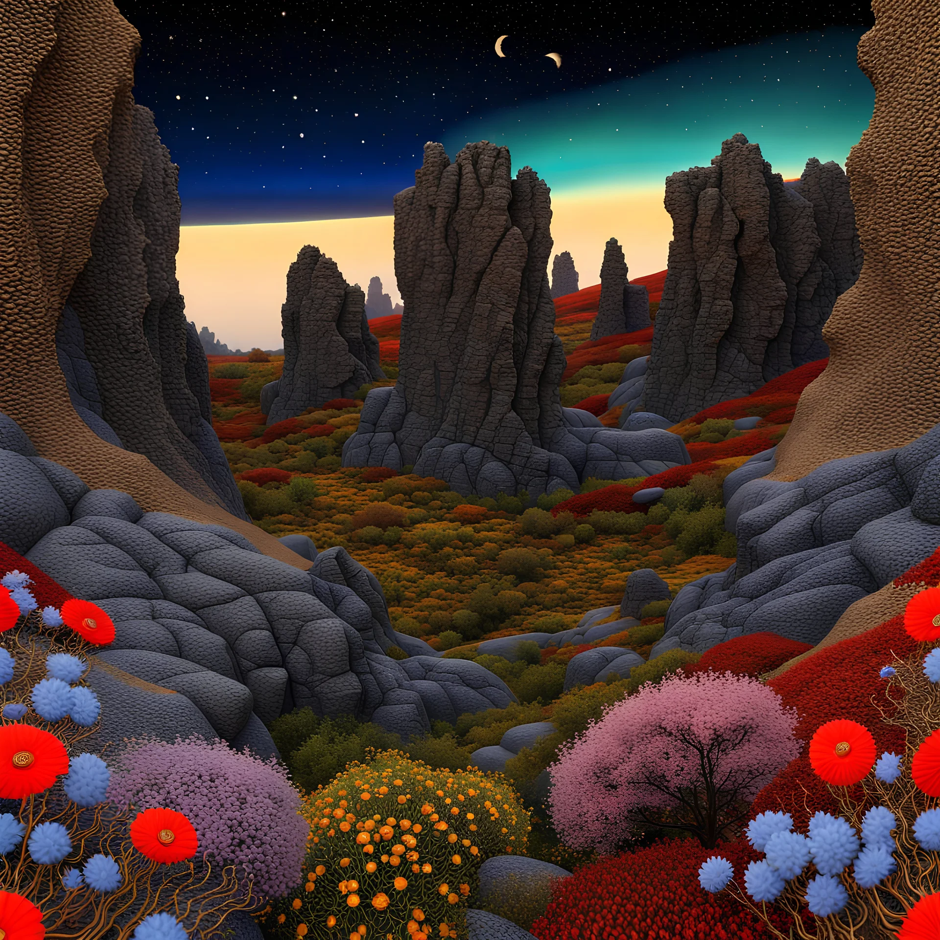 Colourful, peaceful, Egon Schiele, Max Ernst, night sky filled with galaxies and stars, rock formations, trees, flowers, medieval miniature, sharp focus, 8k, deep 3d field, intricate, ornate