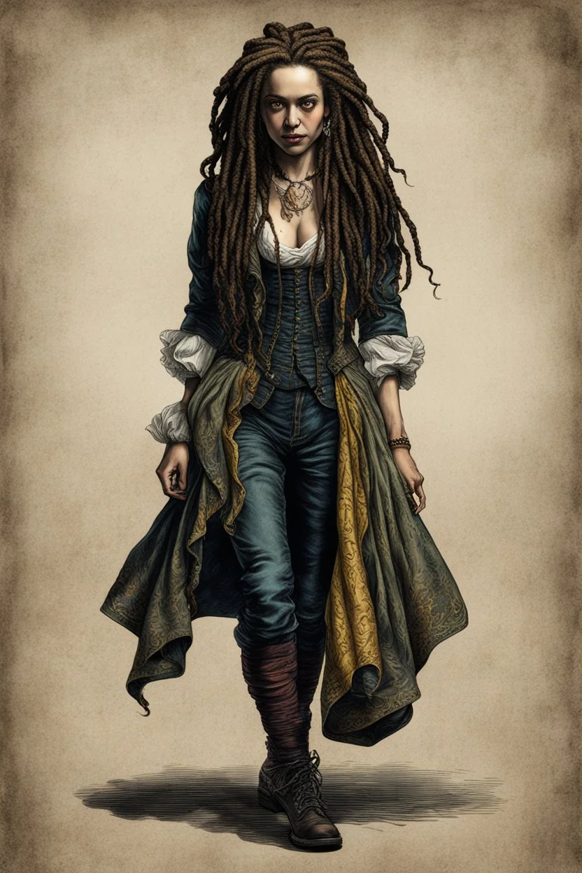 full body colored etching of a malevolent, predatory vampire buccaneer girl with highly detailed dreadlock hair and facial features ,in the style of Rembrandt, Gian Lorenzo Bernini, and Johannes Vermeer, with a fine art aesthetic, highly detailed , realistic , 4k UHD