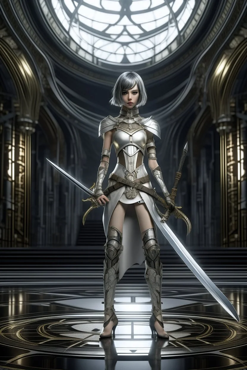 full body picture of a skinny woman with a bob, in silver armour, holding a curved sword, futuristic steampunk background