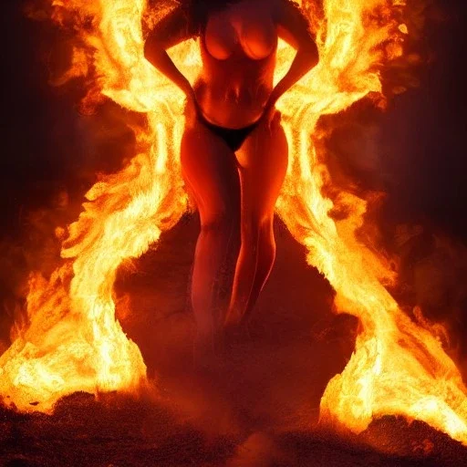 woman made of fire, full face, fire angel, hair made of fire, hair covering breasts, fire all around, only wearing bikini made of fire, extremely detailed, photo style, style of photo, lava background