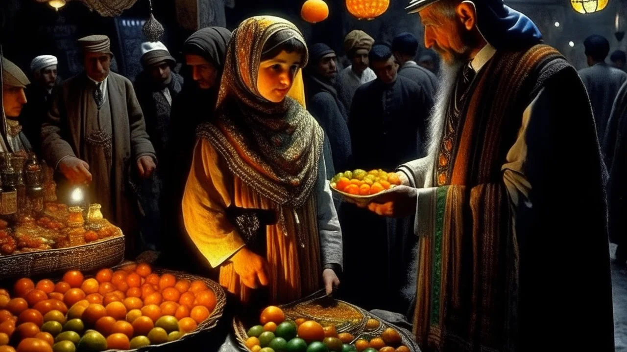 A full-length Palestinian girl wearing an embroidered dress and a white embroidered shawl buys oranges from an old seller wearing a keffiyeh in the market of Jerusalem, 100 years ago, at night with multi-colored lights reflecting on her.