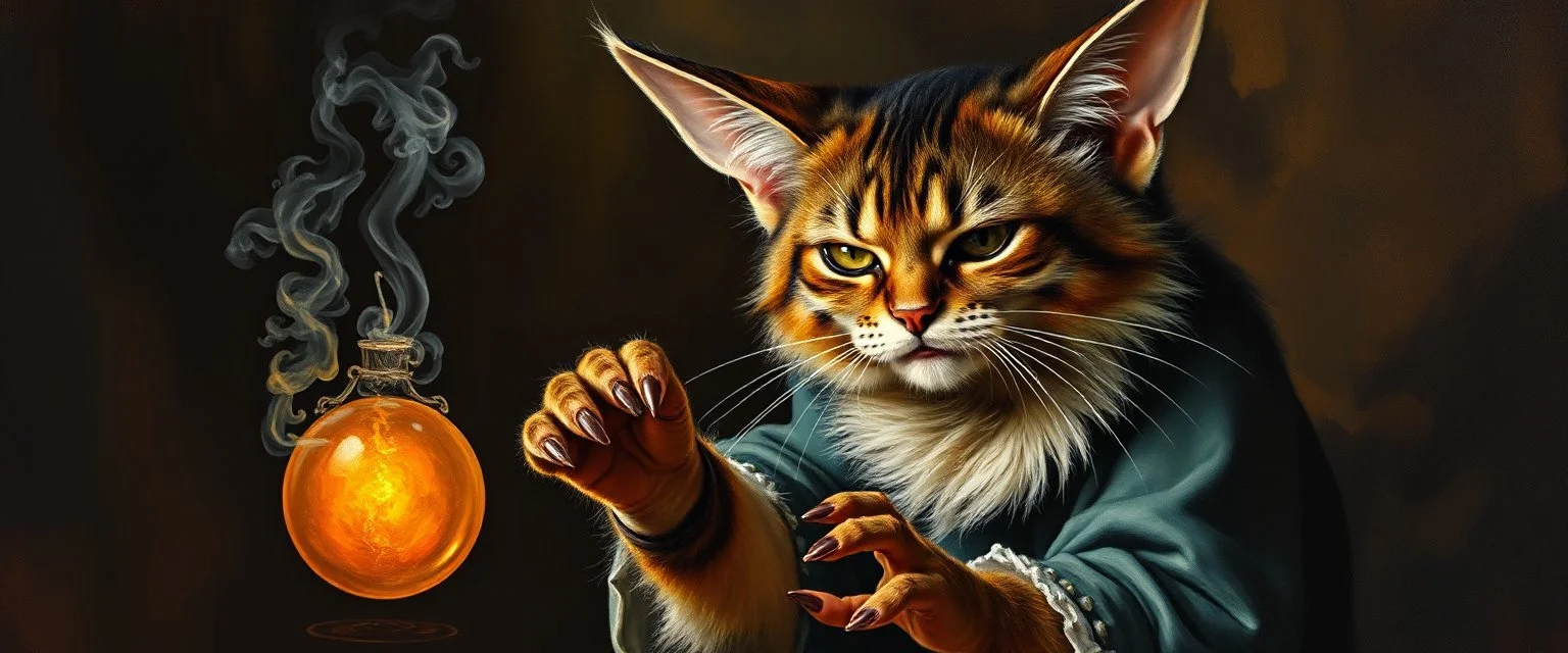 master oil painting by Rembrandt, good afternoon gremlin master cat bat paw woman hot smoking ball