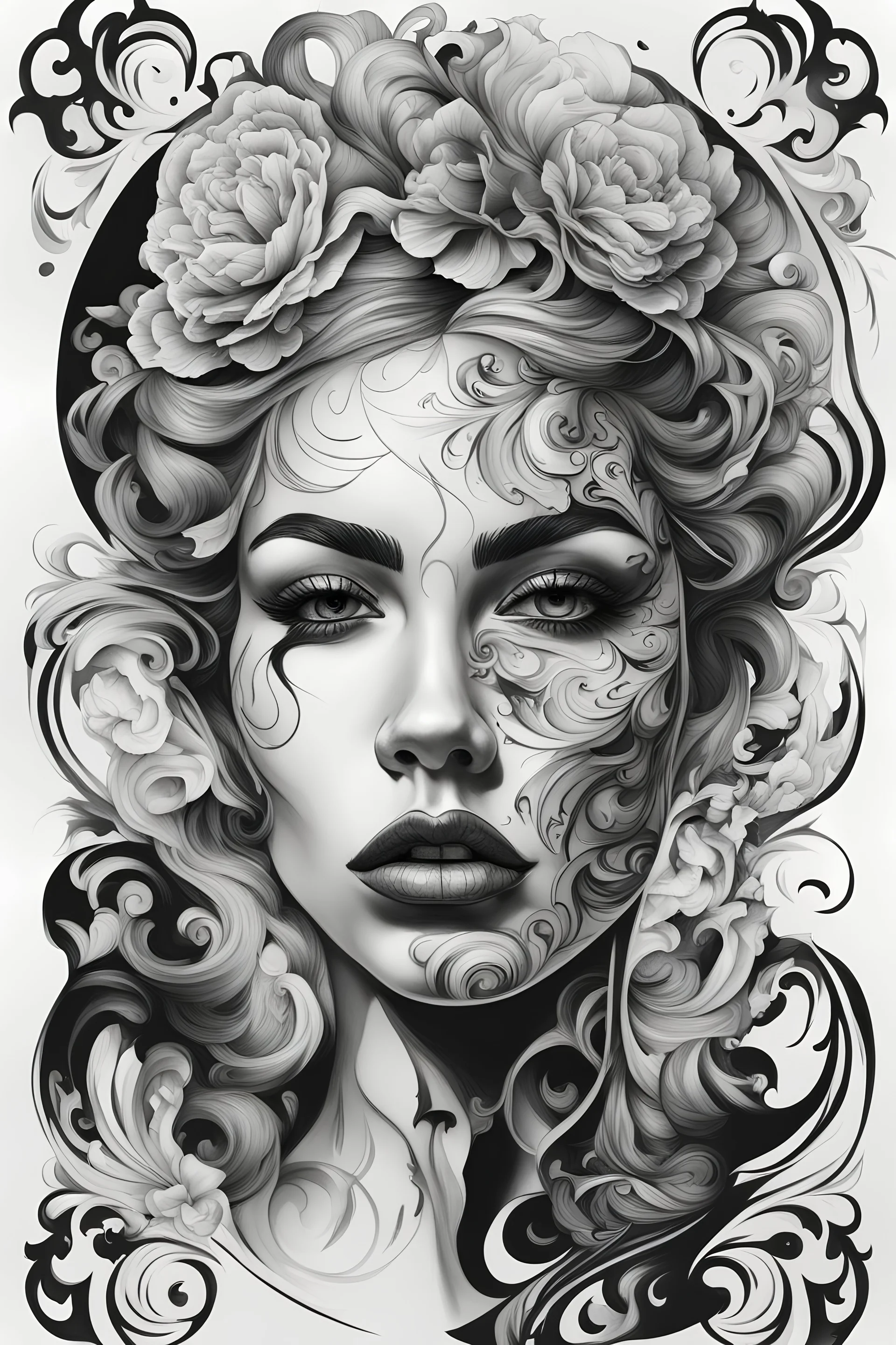 A realistic drawing in negative space black ink on white background of a beautiful women with abstract brushstrokes face tattoos to enhance her face in a mirror baroque with very defined and correct details
