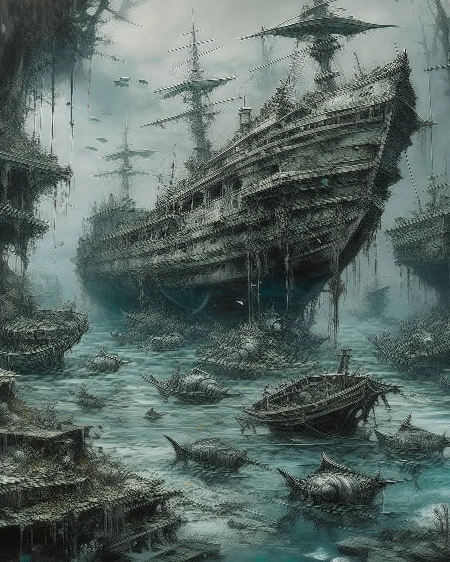A gray underwater with sunken steel pirate ships painted by Cai Jia