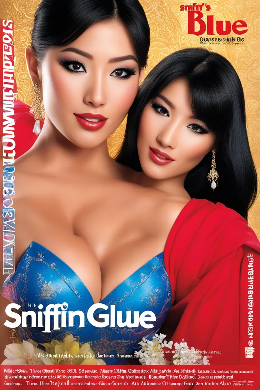 SNIFFIN’ GLUE magazine high res photo cover. Special oriental magic issue nbe 541, June 2034: turn your ex boyfriend into a bimbo ; guest star : the magic of shape shifting aladin to Jasmine in three steps (three images: Aladi on the left, Jasmine on the right, partly transformed in the middle),
