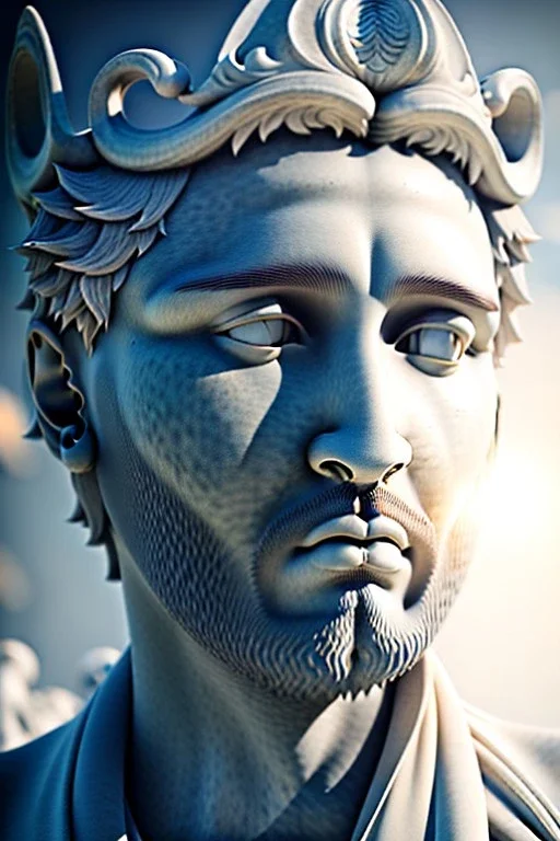 Ultra Realistic image, Roman sculpture, white marble material, Lionel Messi, sun radial crown, chisel style, waist up portrait, epic, celestial, cinematic lighting, God light, god rays, 4k resolution, smooth details, ornate details, soft lighting, unreal engine 5, marble background.