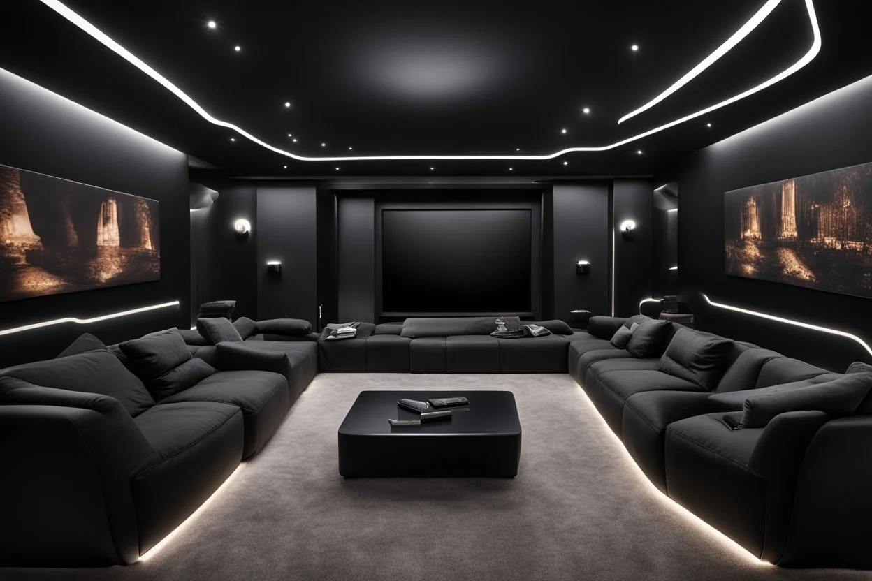 a black themed dedicated home cinema room with LED ambient lighting in the walls make sure the room is completely symmetrical