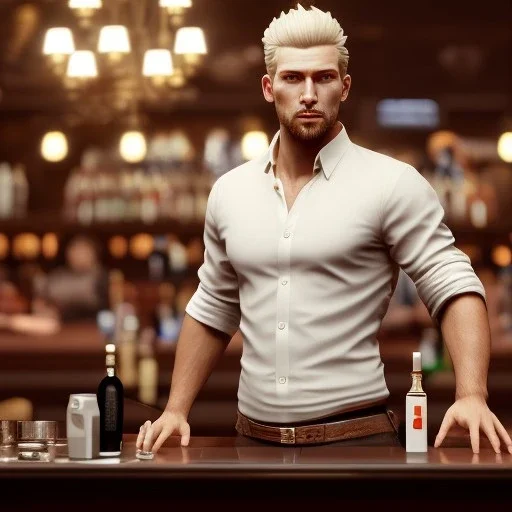 large broad shoulder man wearing a white shirt, big belly, blonde hair sticking out at the sides, standing in a bar, illumination, brilliant coloring, smooth, sharp focus, crispy quality, vray; Artstation; HD, HDR, SF, CGSociety, 16k, photorealistic, unreal engine