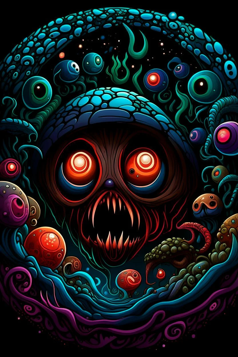 Looking into a black hole, hundreds of huge mushroom-shaped creatures with massive mouths, faceted eyes and tentacles.