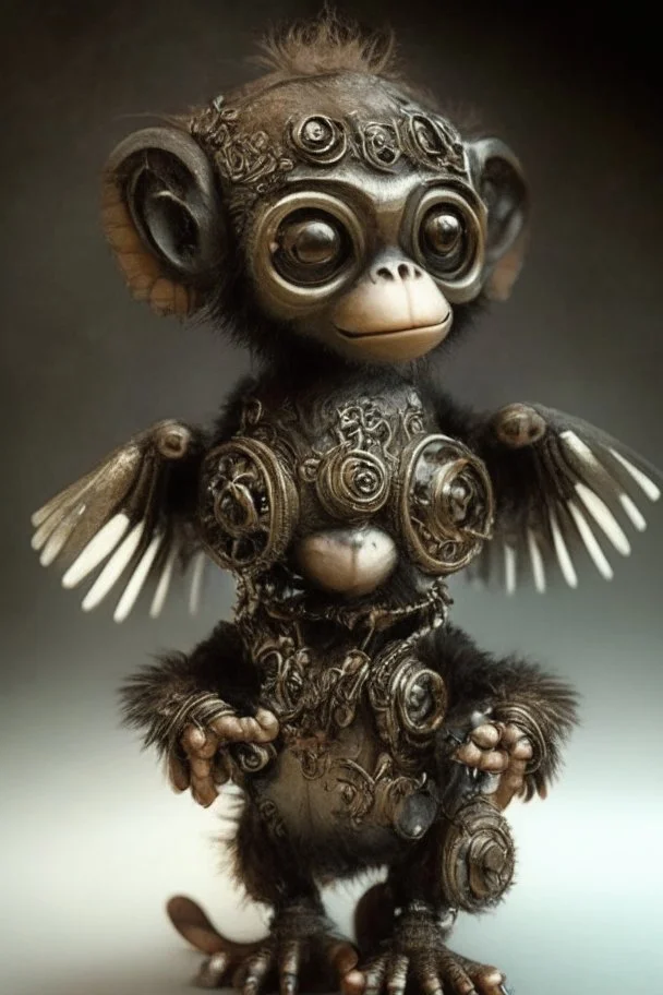 small cute steampunk mechanical monkey, made of metal with mechanical wings, cute hands and feet