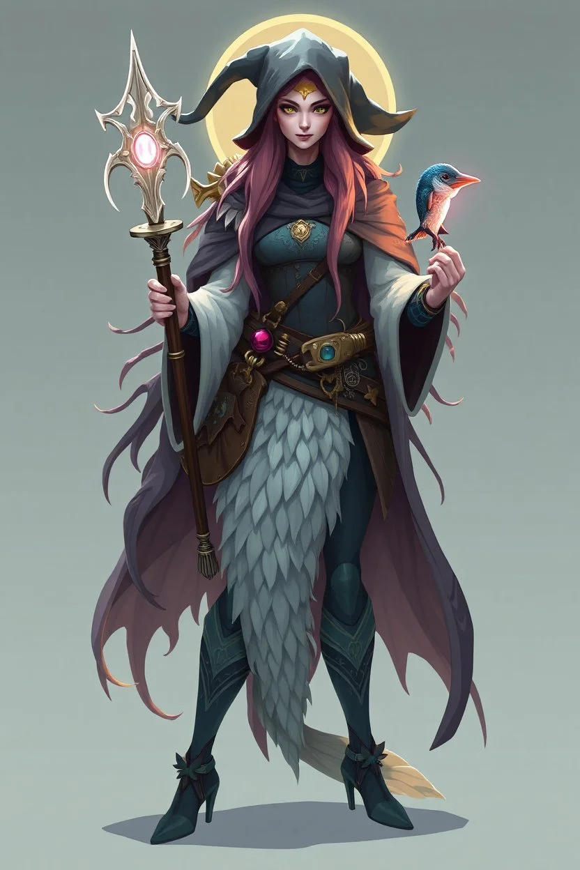 good low poly merman thief priest with long fur all over her entire body and bright aura and a nerd magical wizard fish raven