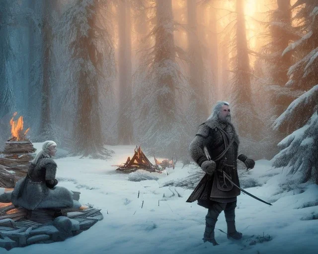 Geralt of Rivia, Jaskier the Bard, snowy forest scene, around a campfire, Jaskier playing his lute, monster lurking in background behind a tree, DSLR, panorama, complementary colours, splash of colour, hyperrealism, 8k resolution concept art, intricately detailed, film still