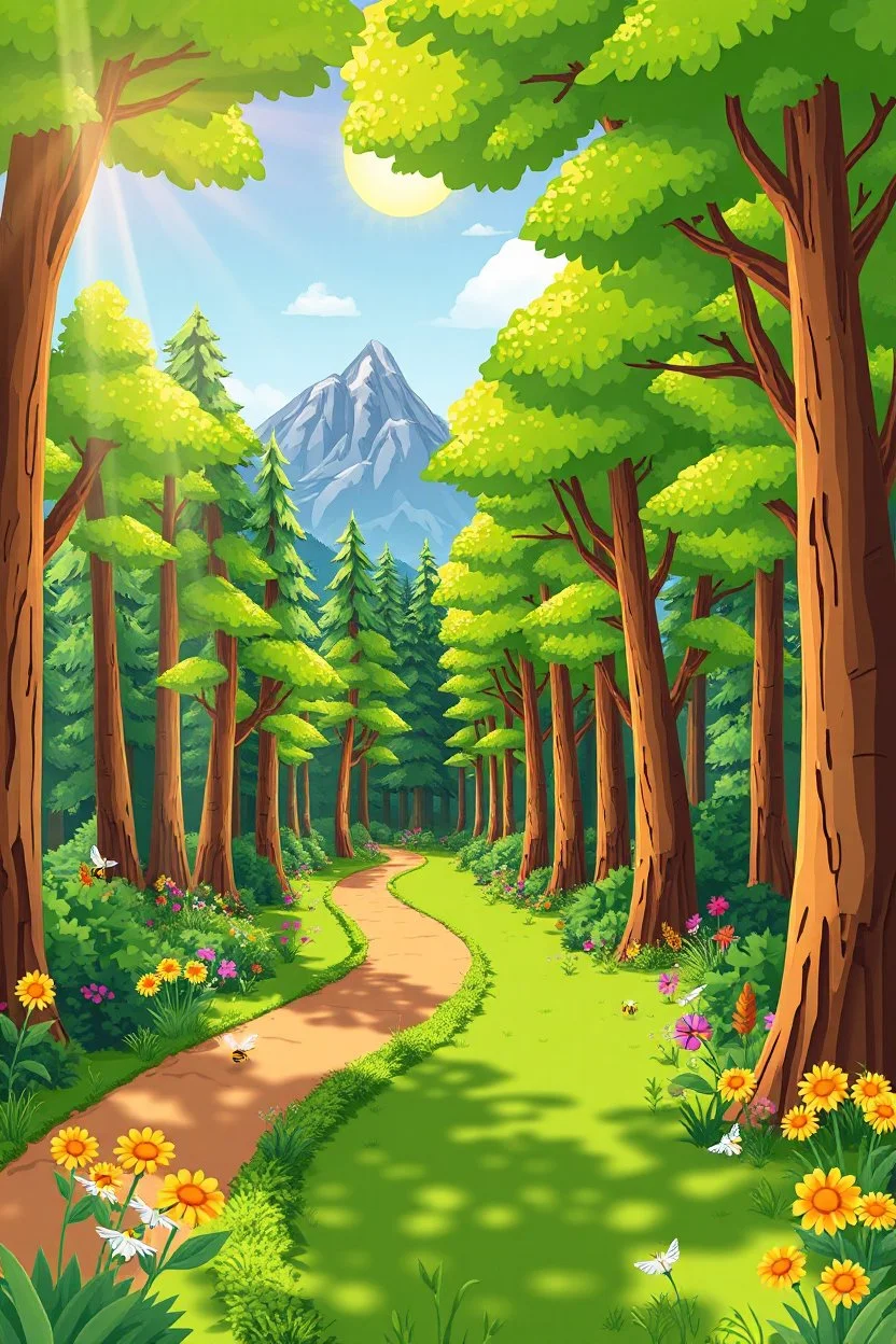 "A cheerful, cartoon-themed forest with a charming pathway winding through it. Tall trees line both sides of the path, their vibrant green leaves shimmering in the sunlight. The sun shines brightly, casting warm rays onto the forest floor. Bees buzz happily around the flowers and trees, making the forest their lively home. In the background, majestic mountains rise, adding a beautiful natural backdrop to the peaceful, colorful scene."