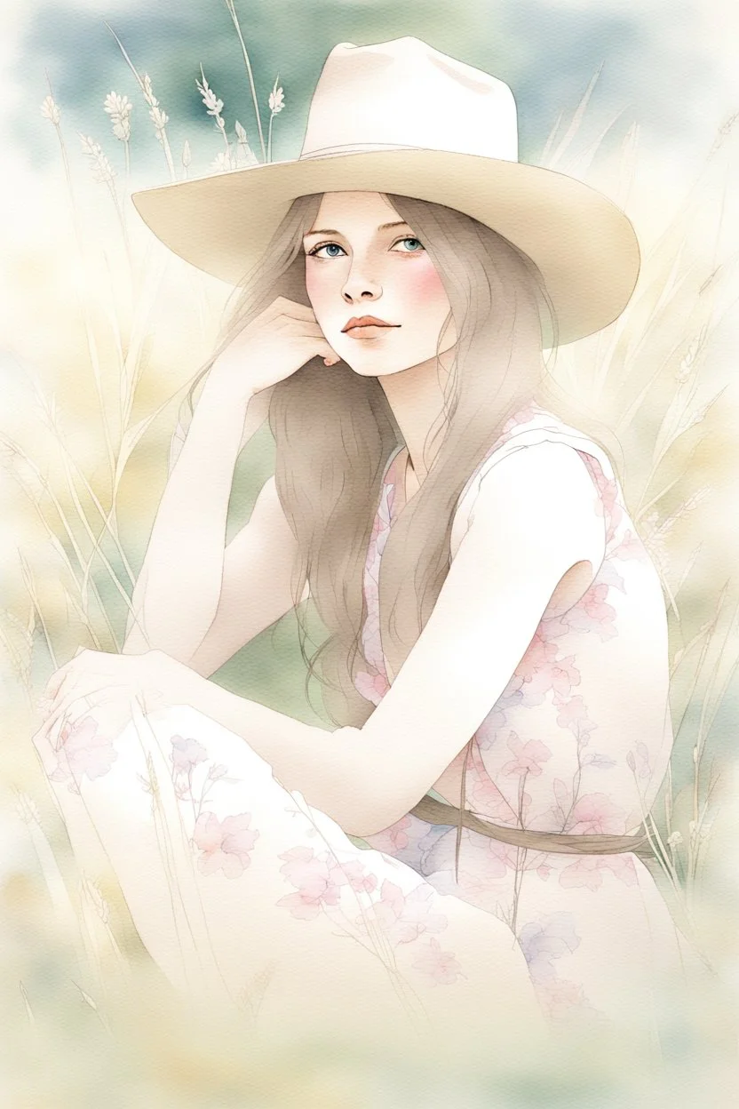 P: a young old-time cowgirl sitting in wildflowers and tall grasses, peaceful vision, wisps of hair around her face, straw hat, pink floral dress, muted colors, soft watercolor