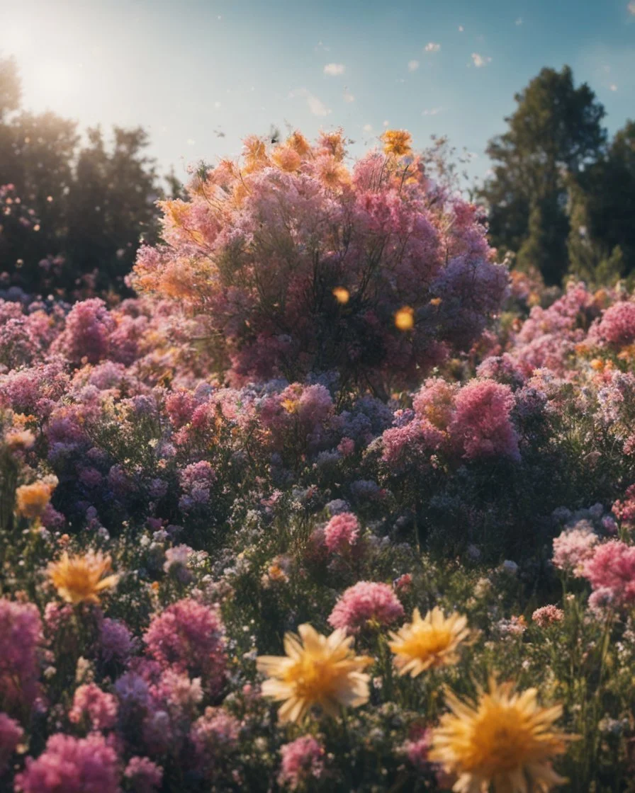 Atomic explosion, made of flowers, ULTRA REALISTIC, details, intricate detail, professional lighting, film lighting, 35mm, anamorphic, lightroom, cinematography, bokeh, lens flare, film grain, hdr10, 8k, Roger Deakins, incredibly detailed, reflect, sharpen