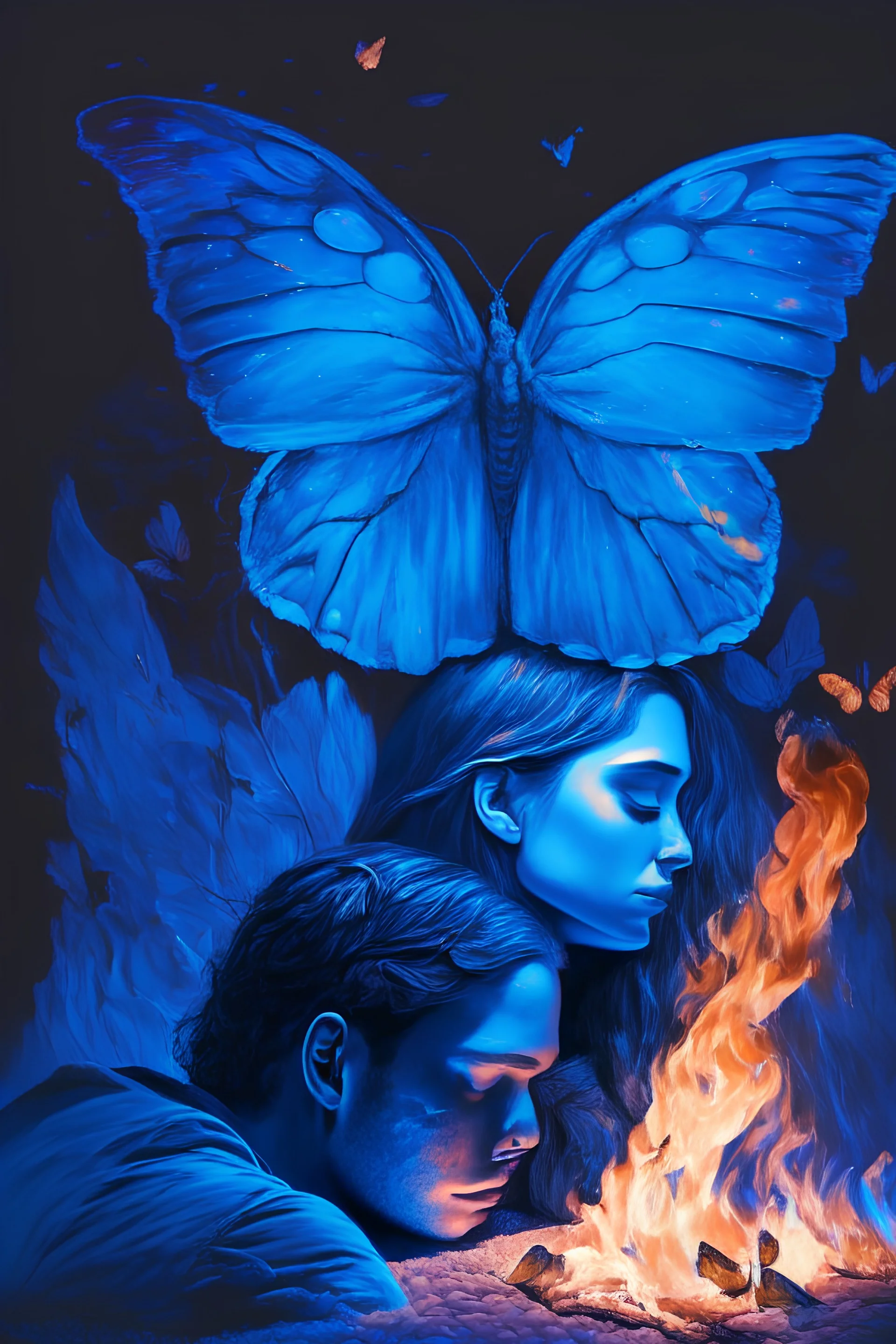 A blue gradient fire surrounded by a butterfly and a young girl and a young man sleeping next to the fire