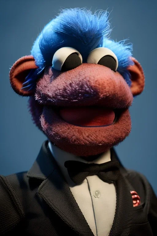 Waist up muppet Portrait, Nicolas maduro as muppet doll, black mustache, black suit, photo studio, blue background, unreal engine 5, concept art, art station, god lights, ray tracing, RTX, lumen lighting, ultra detail, volumetric lighting, 3d.