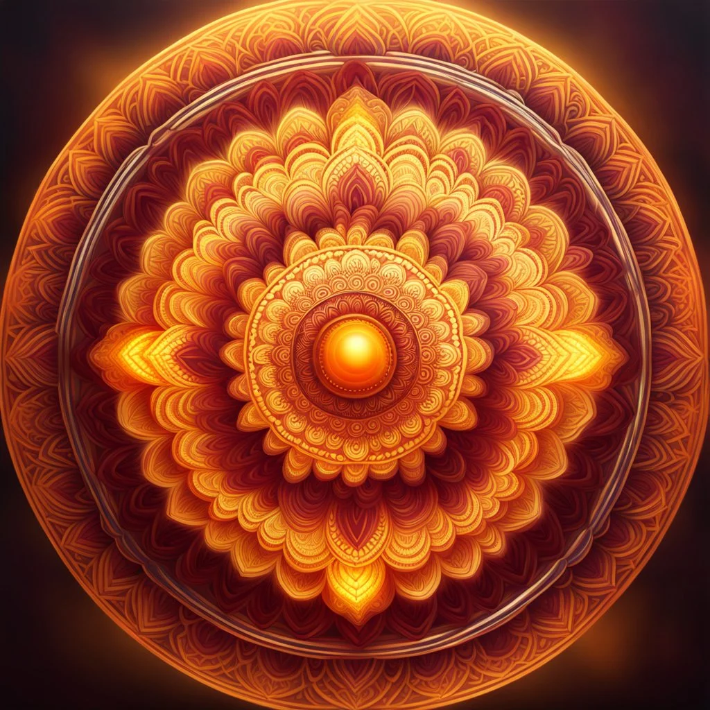 Hyper Realistic Glowing-Golden-With-Orange-Yellow-&-Maroon Mandala.