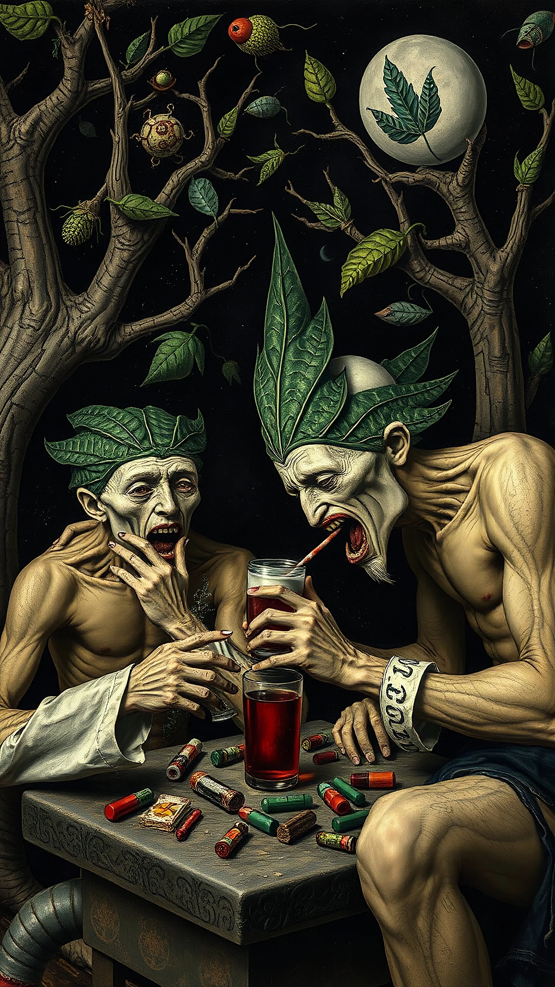 Hieronymus Bosch style nightmare men drunk , drugs leafs