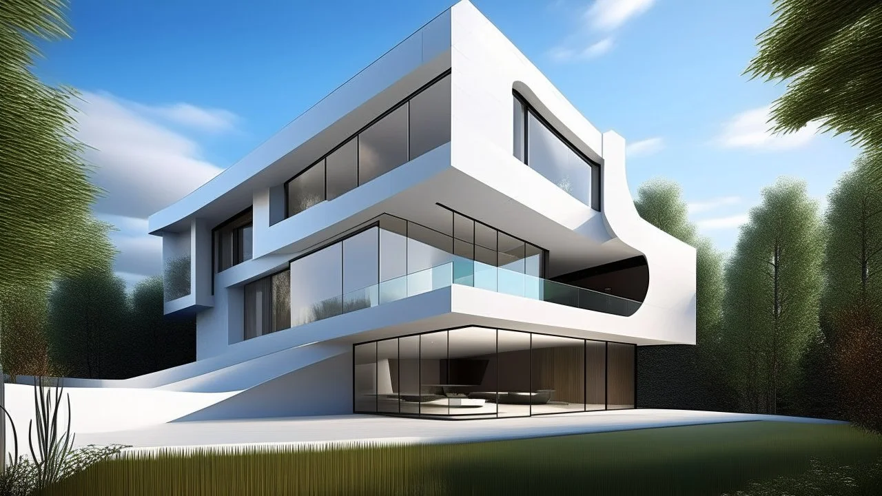 Architectural illustration of a modern single-family home with the shape of a letter "Q", minimalist design, clean lines, natural lighting, realistic rendering by Frank Gehry and Zaha Hadid.